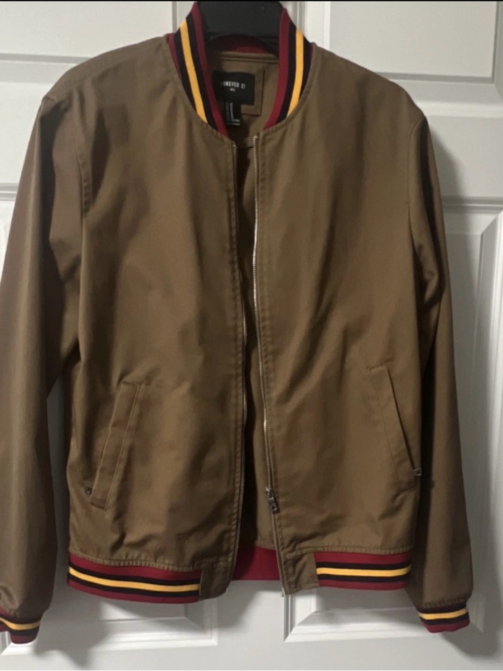 Forever 21 Men's Brown Bomber Jacket with Red and Yellow Stripe Trim